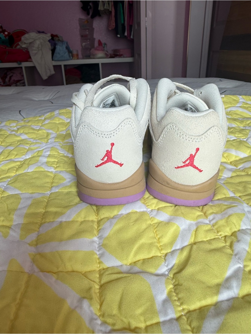 Jordan Kids Cream Sneakers with Pink Jumpman and Lavender Sole